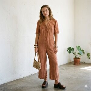 Midland Jumpsuit Womens Medium Orange Linen Button Front V-Neck Wide Leg Coastal